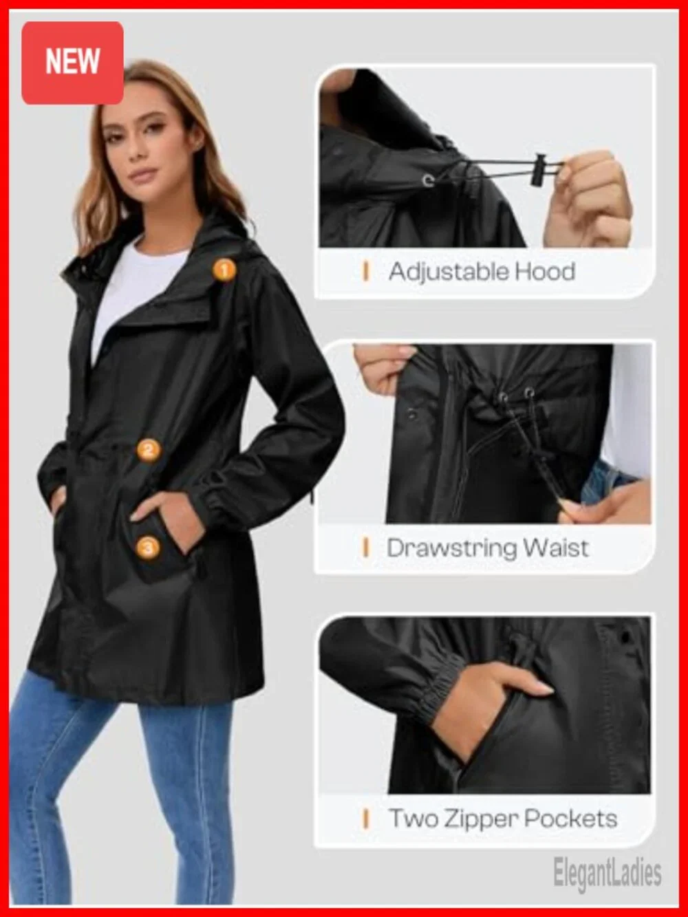 Lightweight Packable Long Rain Jacket Hooded Waterproof Trench Coat Outdoor